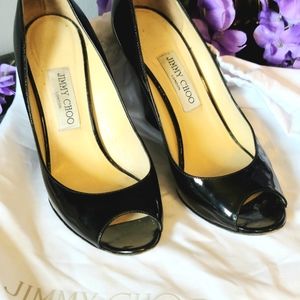 Jimmy Choo Black Patent Leather Wedge Heel Shoes Size 8.5